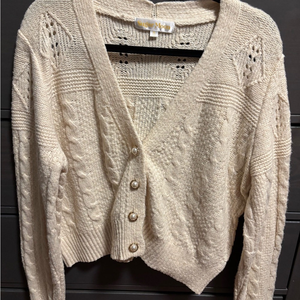 Sugar moon Cream Button-Up Cable Knit Cardigan